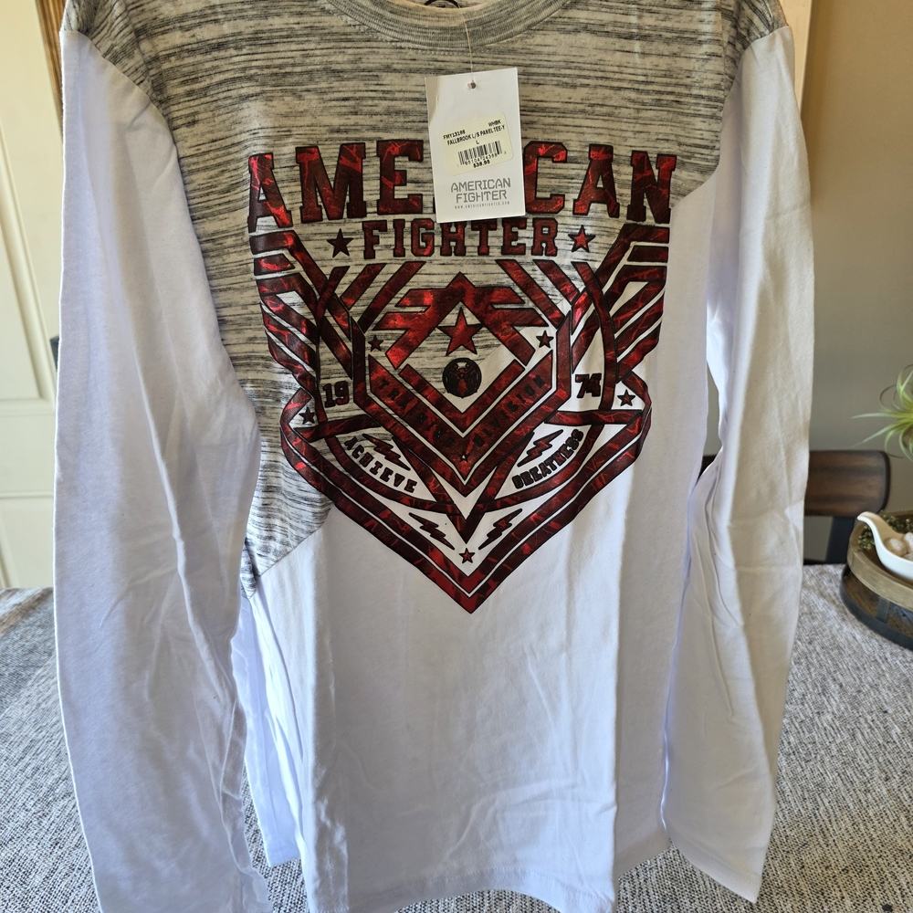 American Fighter White & Heather Grey Long Sleeve with Red Metallic Graphic
